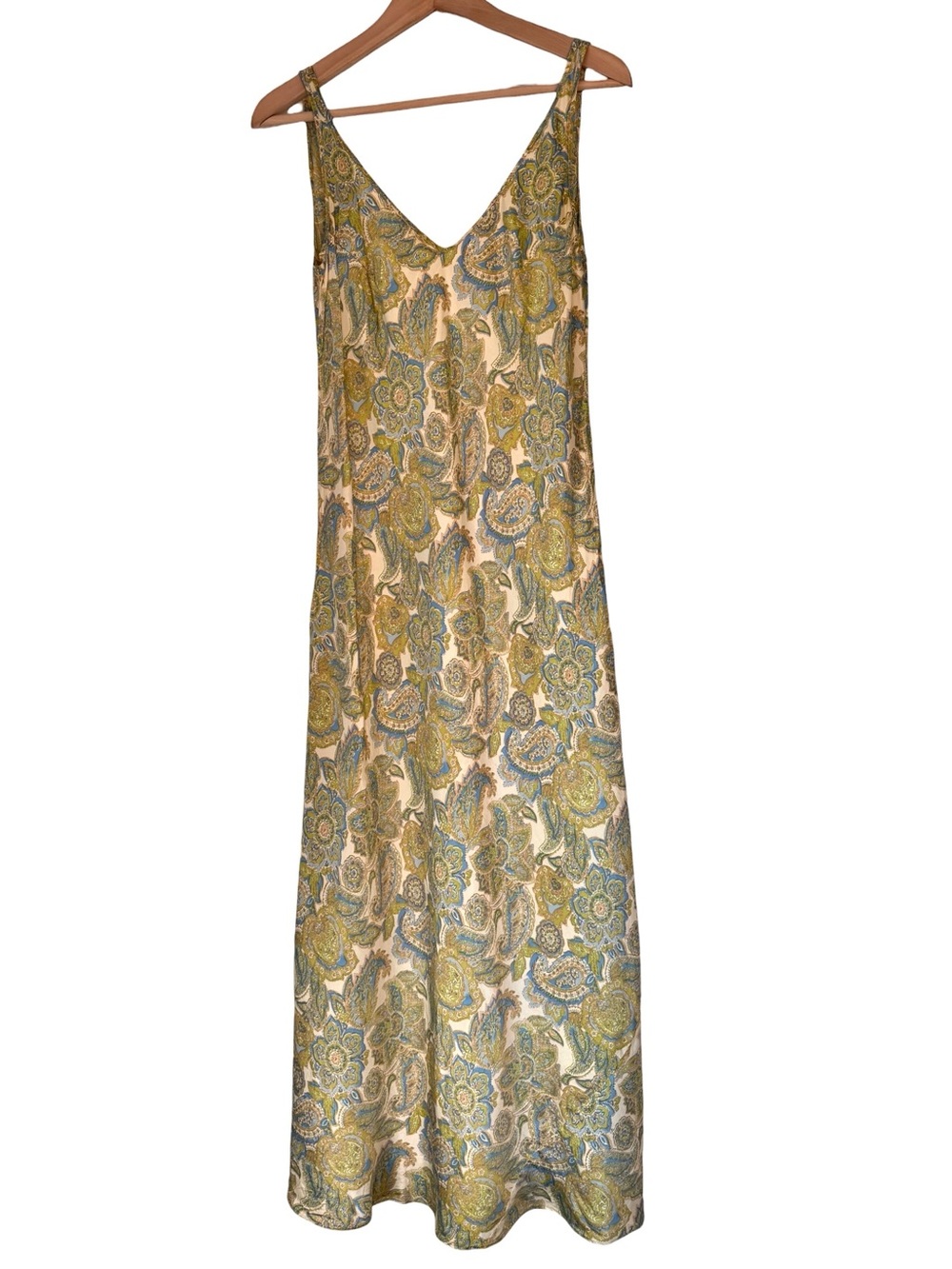 Neiman Marcus 100% Silk Maxi Slip Dress Size Medium Green Paisley VTG 90s Y2K